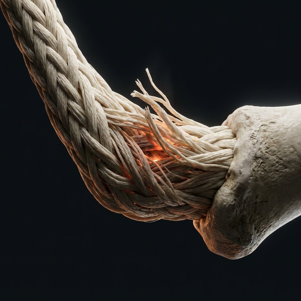 Elbow — extensor origin frayed at the bend